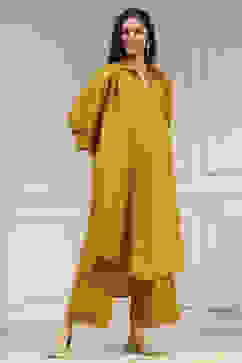 Ochre Yellow Polyester A-Line Dyed Kurta Pants Set image number 5