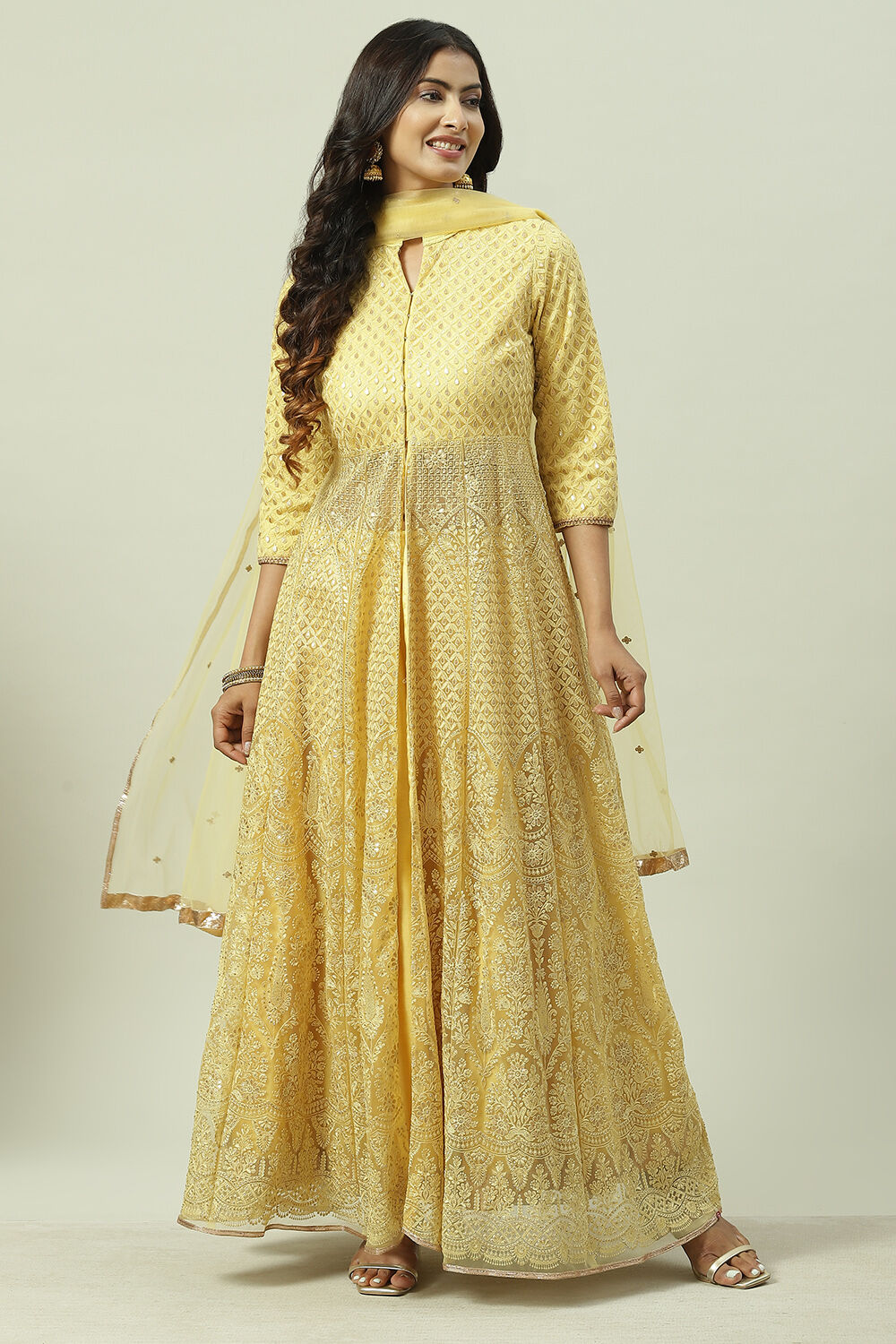 Yellow Flared Kurta Lehenga Suit Set image number 7