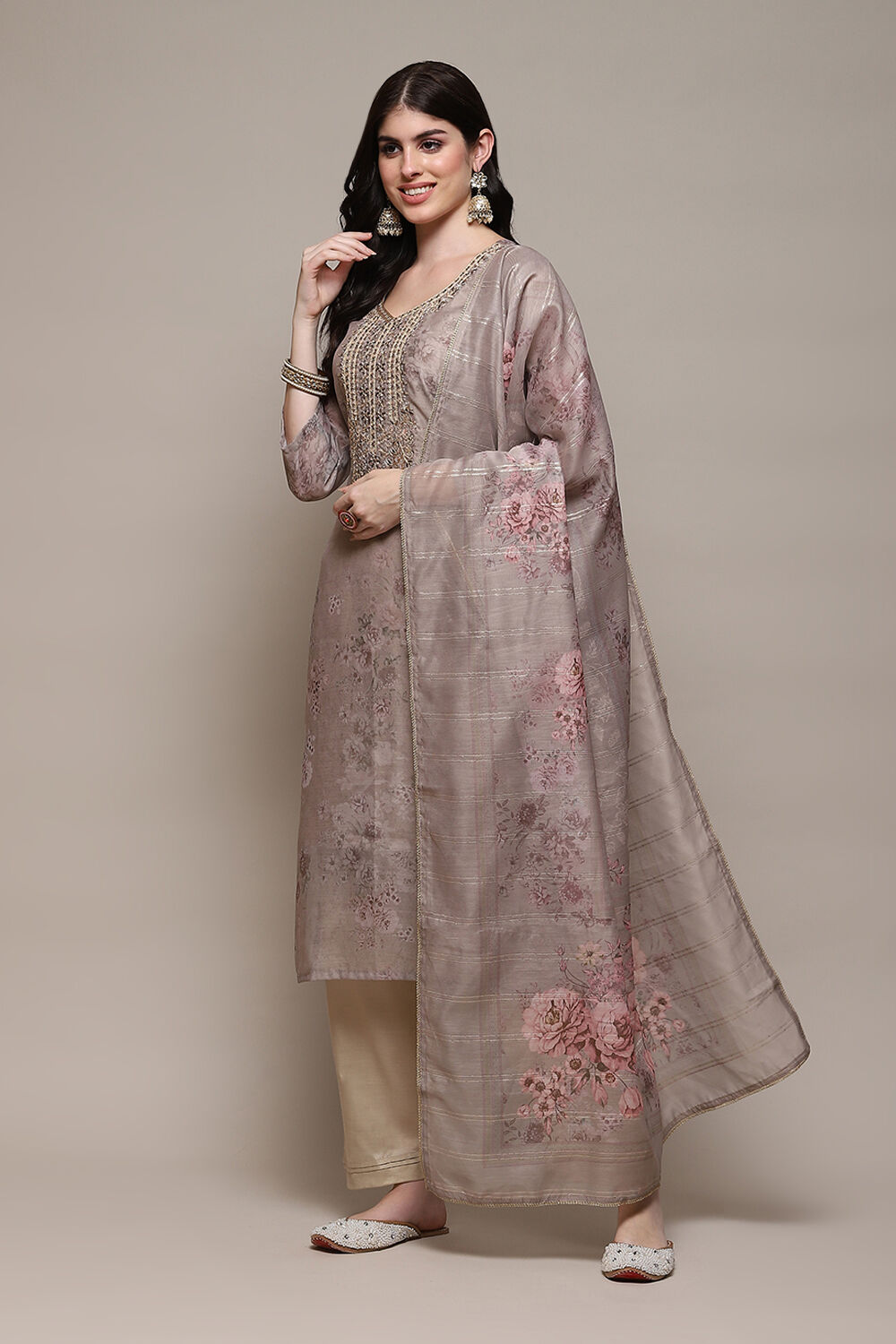 Beige Chanderi Blend Machine Embroidered Unstitched Suit Set image number 6