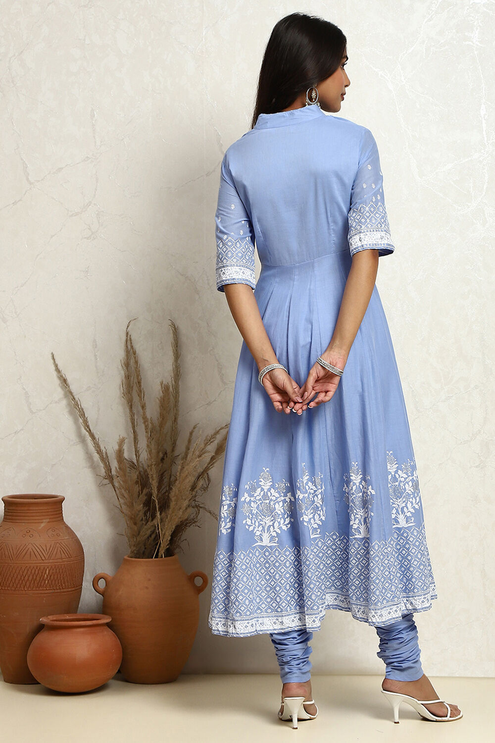 Yellow Blue Printed Cotton Anarkali Suit Set image number 4