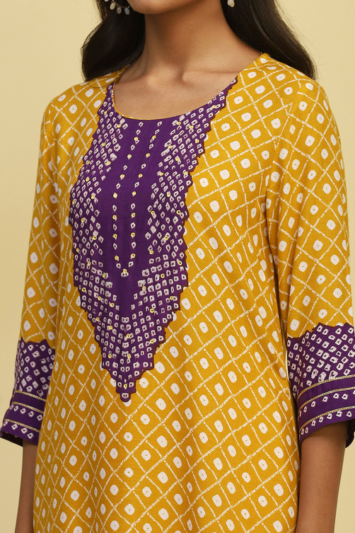 Yellow Bandhani Printed Straight Kurta image number 1