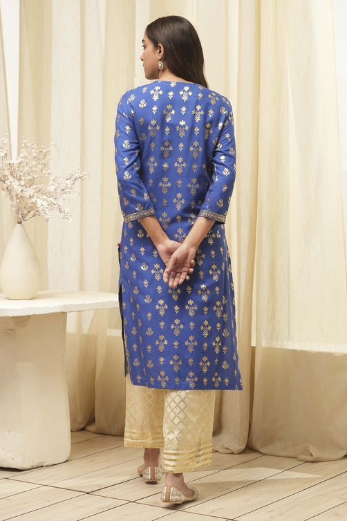 Navy Blue Rayon Straight Kurta Pants Set image number 4