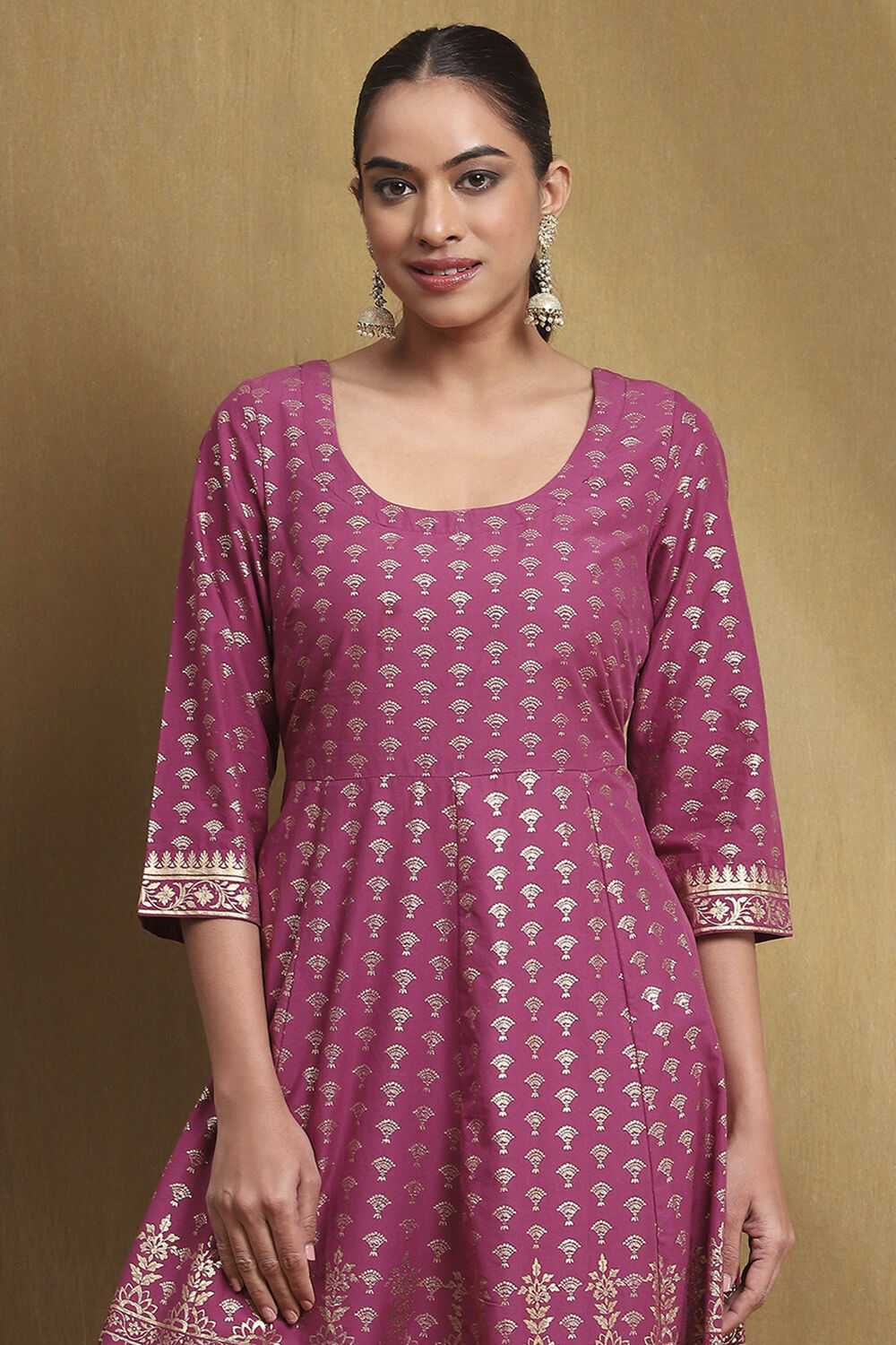 Plum Cotton Printed Anarkali Suit Set image number 1