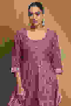 Plum Cotton Printed Anarkali Suit Set image number 1