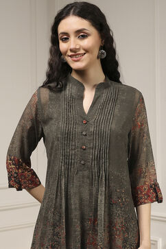 Charcoal-Rust Polyester Straight Printed Kurta image number 1