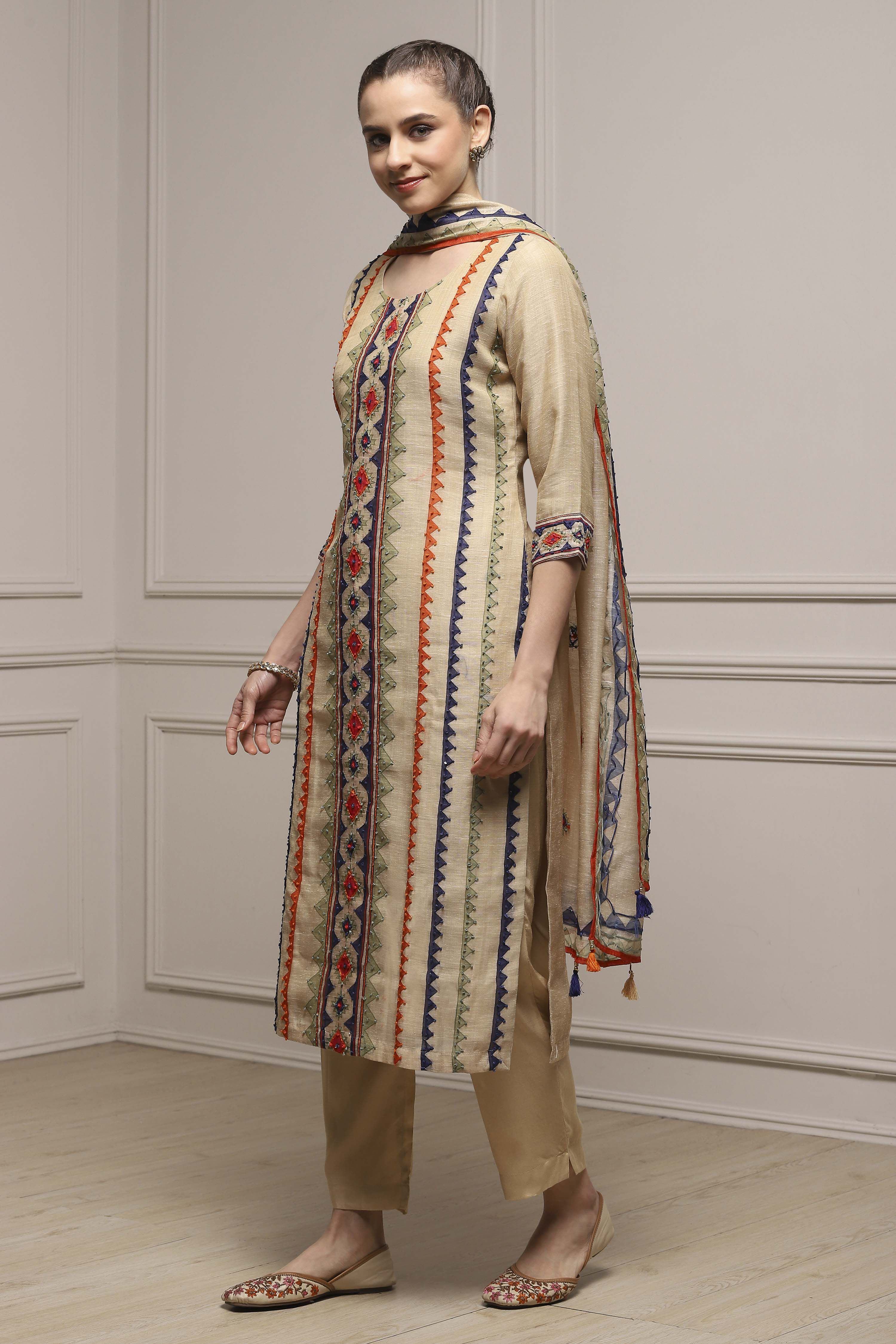 Beige Linen Blend Hand Painted Unstitched Suit Set image number 4