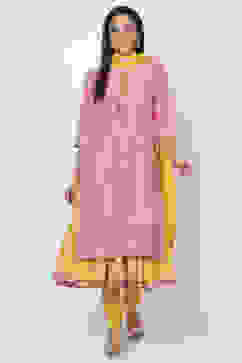 Pink Cotton A-Line Kurta Churidar Suit Set image number 2