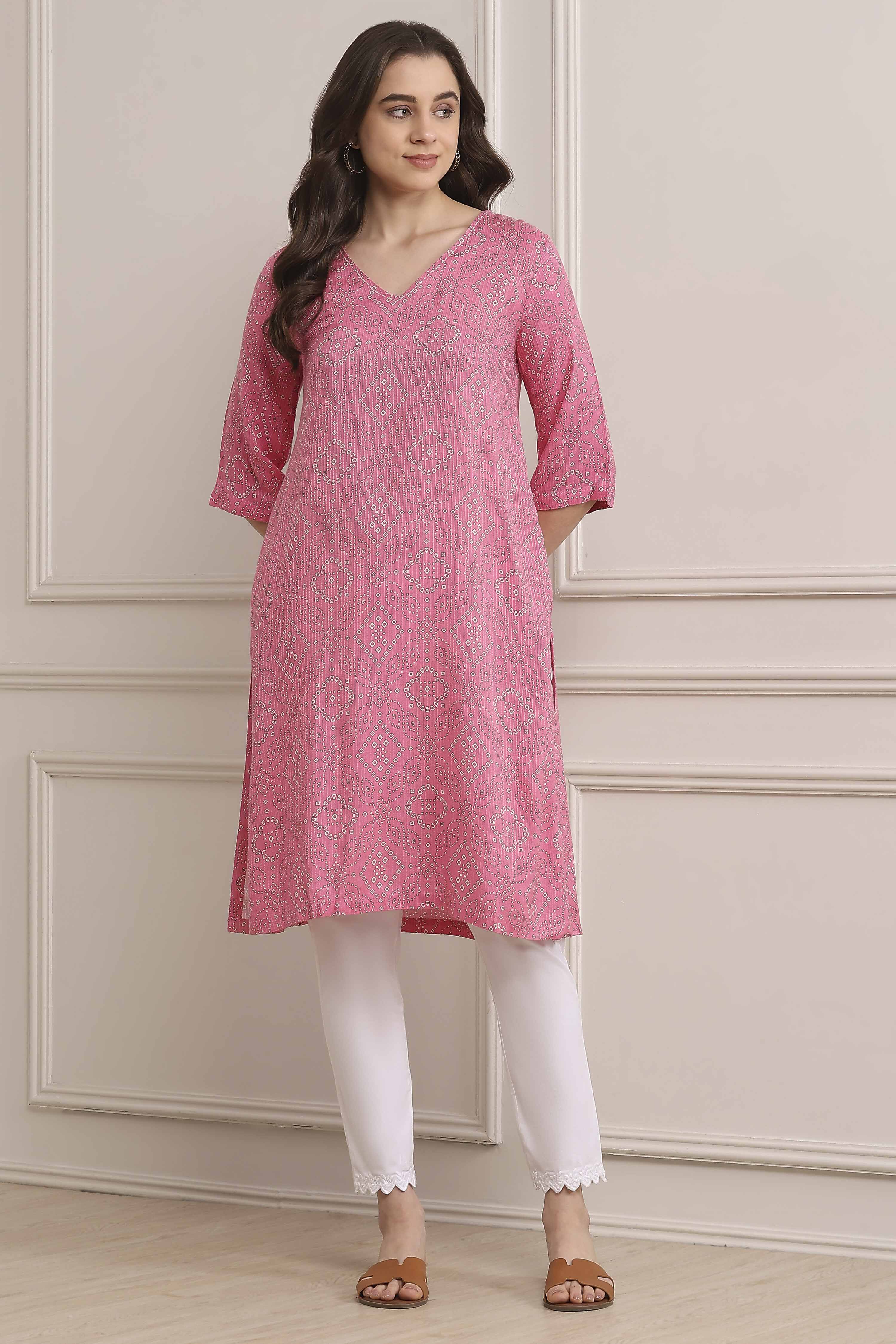 Pink Viscose Straight Printed Kurta image number 5