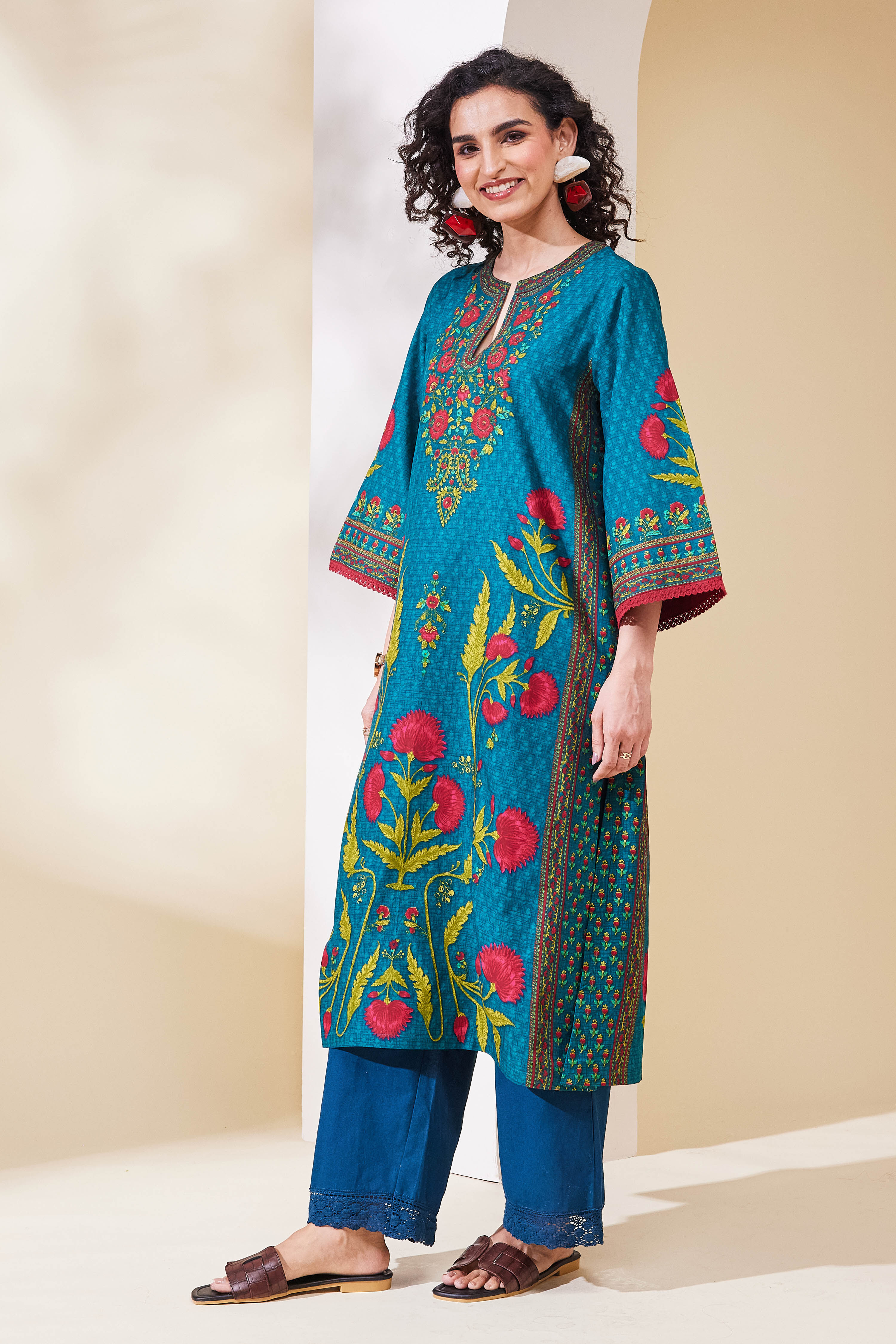 Teal Blue Cotton Printed Straight Kurta image number 2