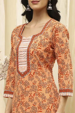 Peach-Colored Cotton Screen Print Unstitched Suit Set image number 2