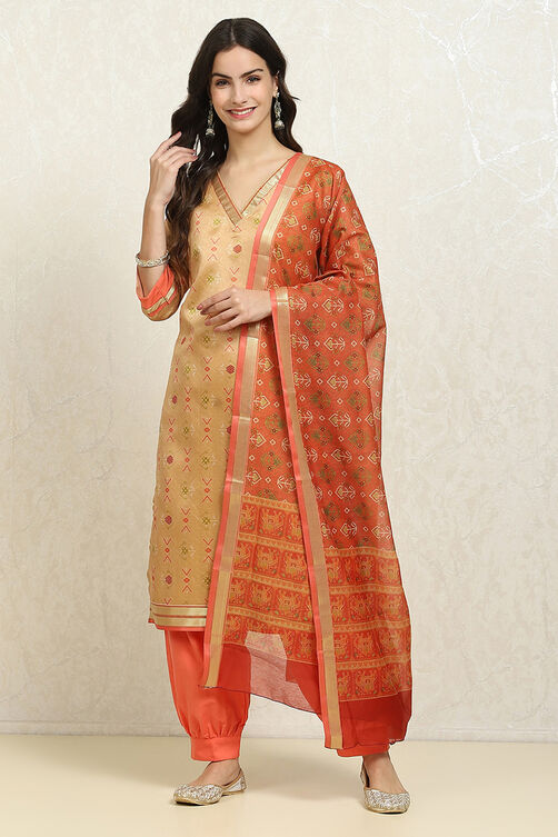 Pink Cotton Handloom Unstitched Suit Set image number 1