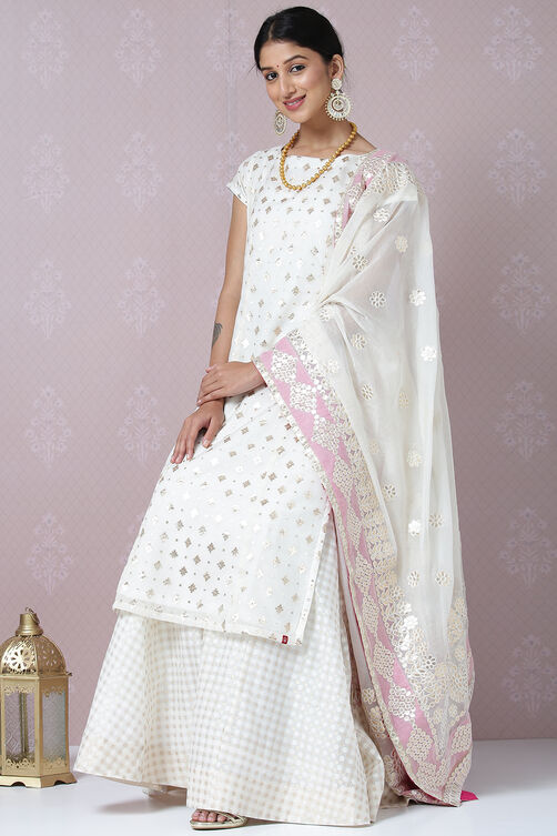 Off White Poly Metallic Cotton Straight Kurta Skirt Suit Set image number 8