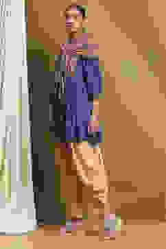 Blue and Beige Embroidered Peplum Kurta Set image number 3