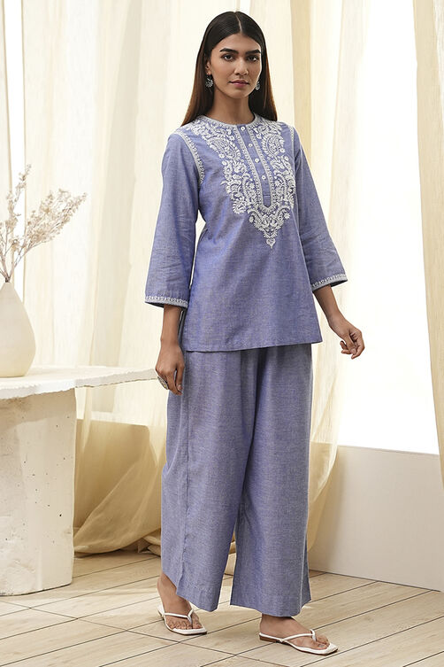 Dull Blue Cotton Straight Co-ord Set image number 5
