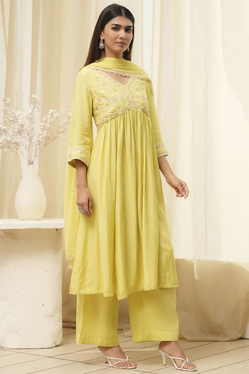 Lime Modal Blend Embroidered Gathered Suit Set image number 5