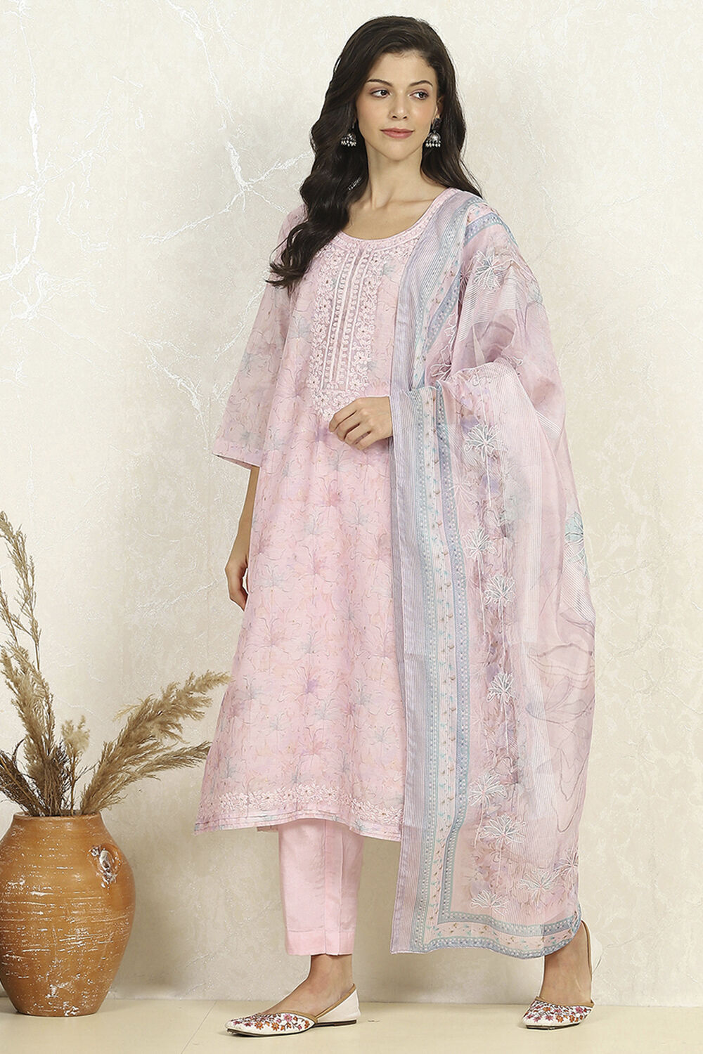 Light Pink Chanderi Unstitched Suit Set image number 1