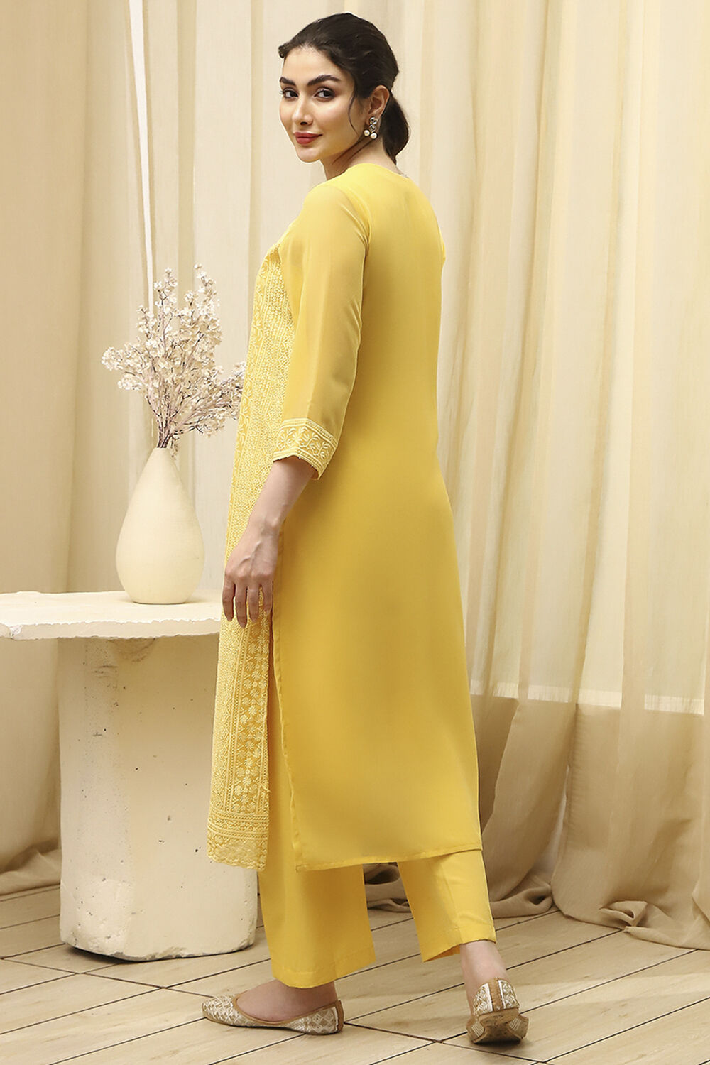 Yellow Georgette Schiffli Unstitched Suit Set image number 5