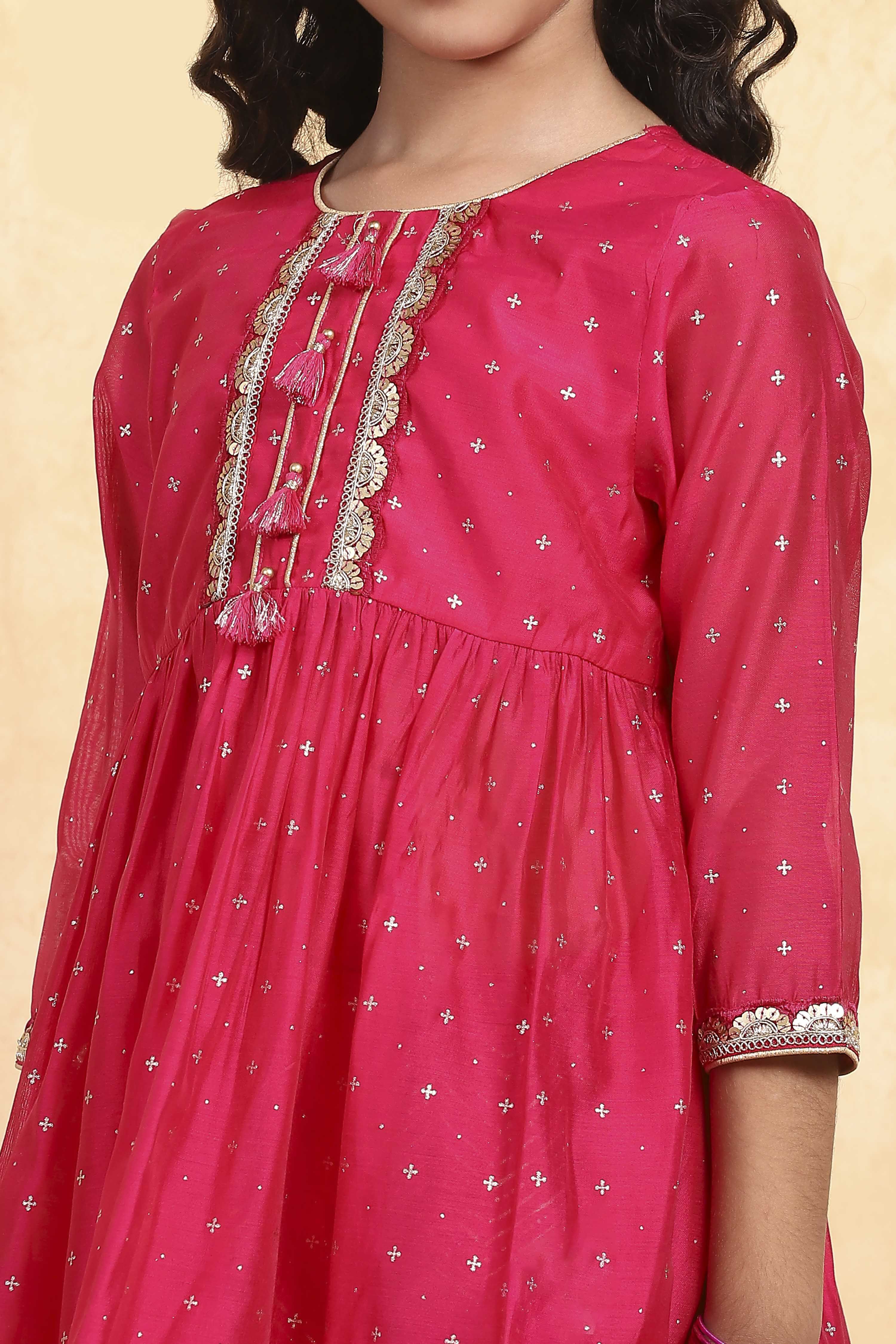 Pink Polyester Blend Printed Gathered Suit Set image number 1