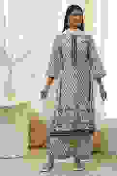 Off-White Cotton Printed Straight Suit Set image number 0