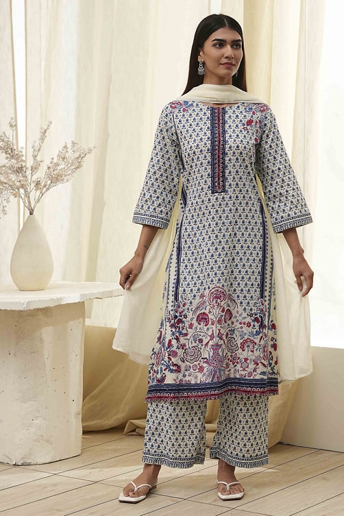 Off-White Cotton Printed Straight Suit Set image number 0
