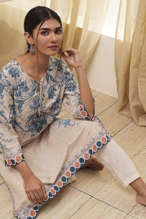 Beige and Blue Cotton Floral Straight Kurta image number 0
