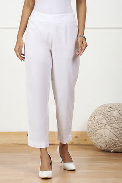White Solid Cotton Blend Narrow Pants image number 4