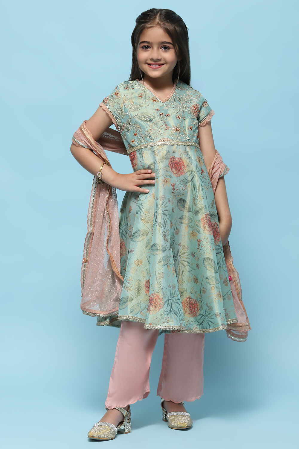  Green Cotton Tissue Anarkali With Palazzo & Net Dupatta image number 7