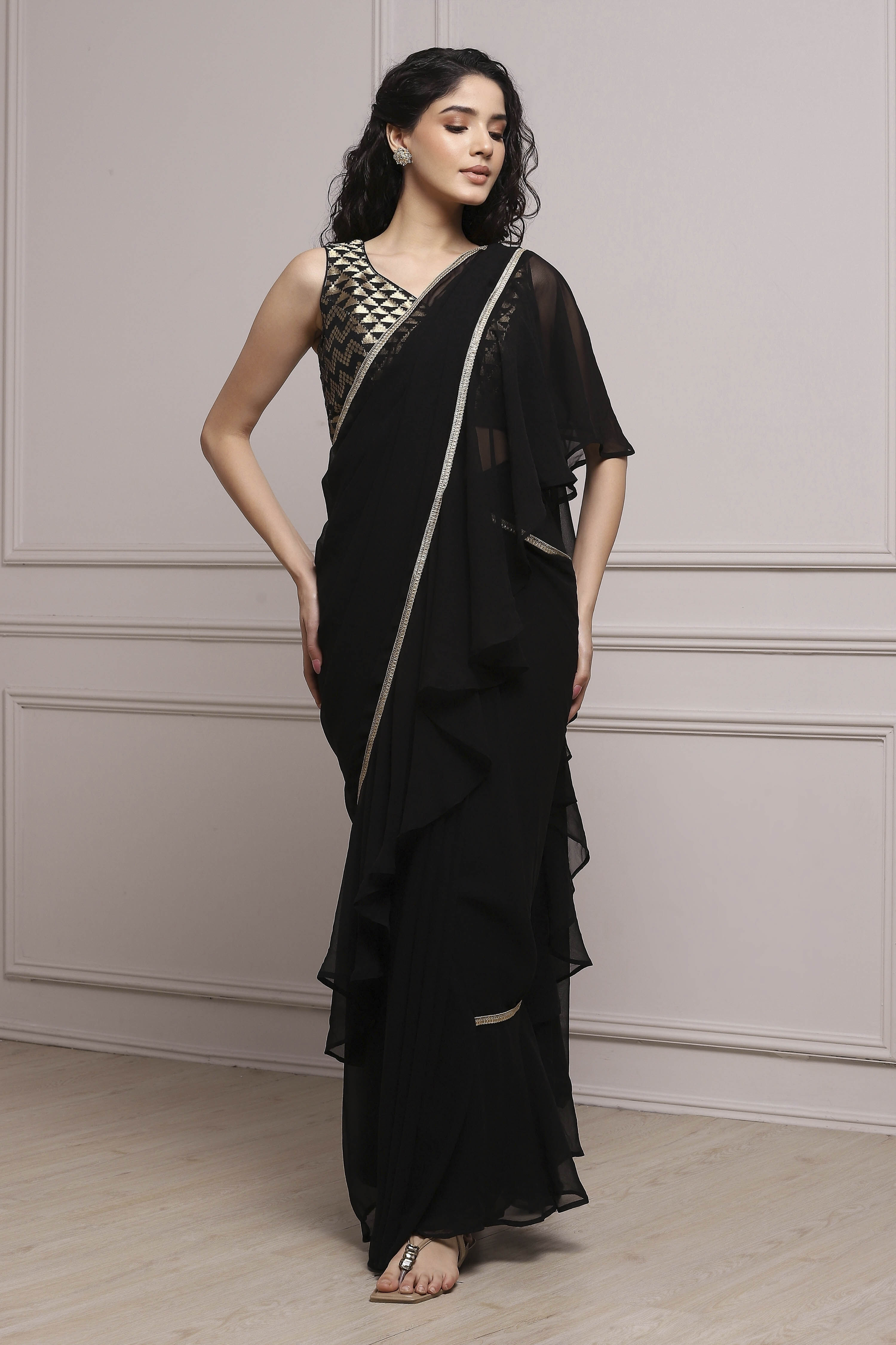Black Art Silk Pre-draped Saree image number 6