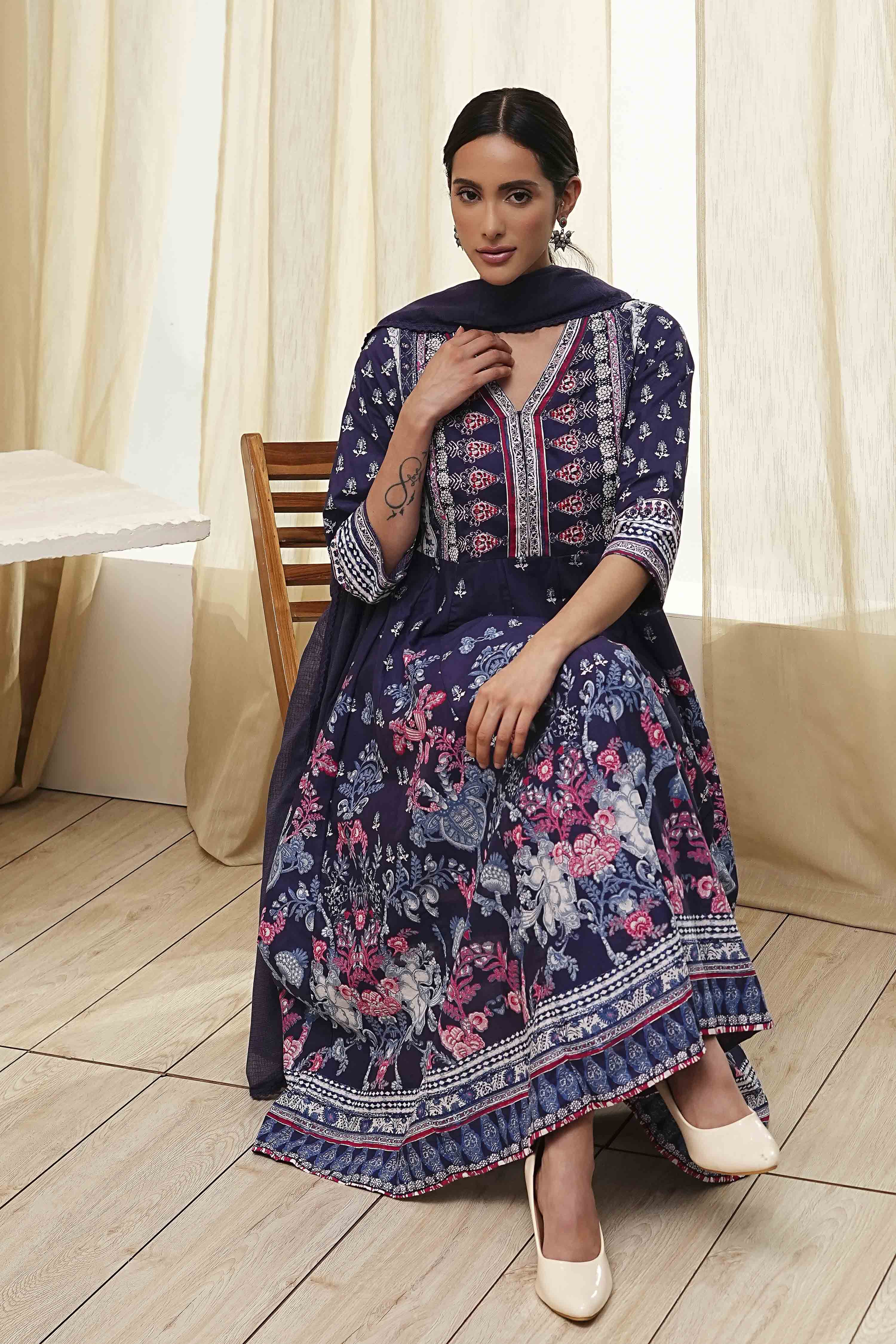 Indigo Cotton Floral Anarkali Suit Set image number 0