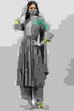 Sage Green Rayon Gathered Kurta Palazzo Suit Set image number 0