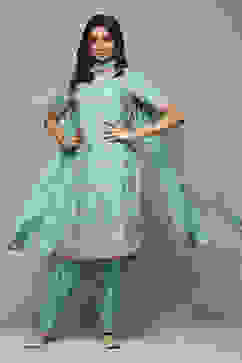 Turquoise Silk Straight Kurta Salwar Suit Set image number 0