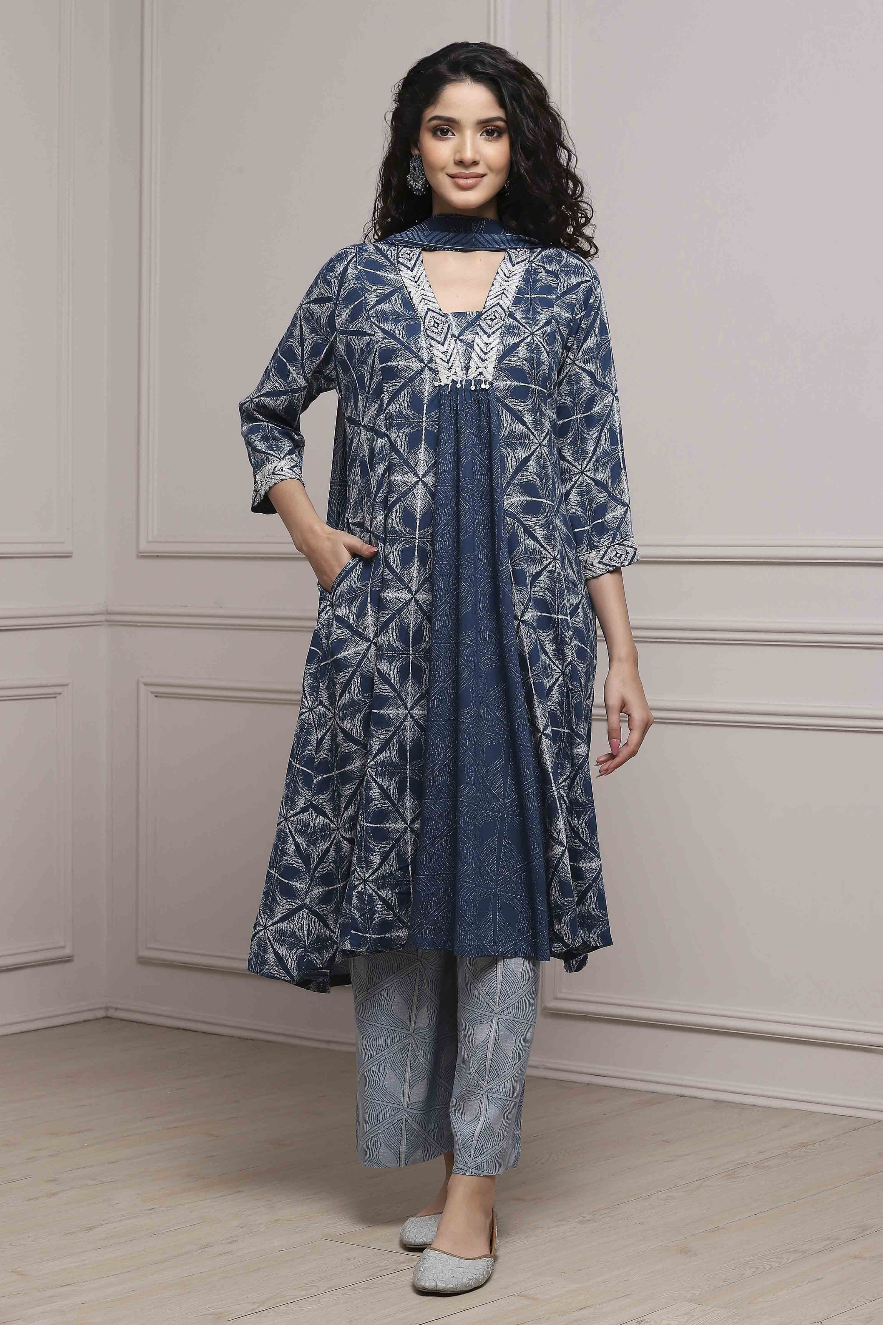 Teal Viscose Rayon A-Line Suit Set image number 6