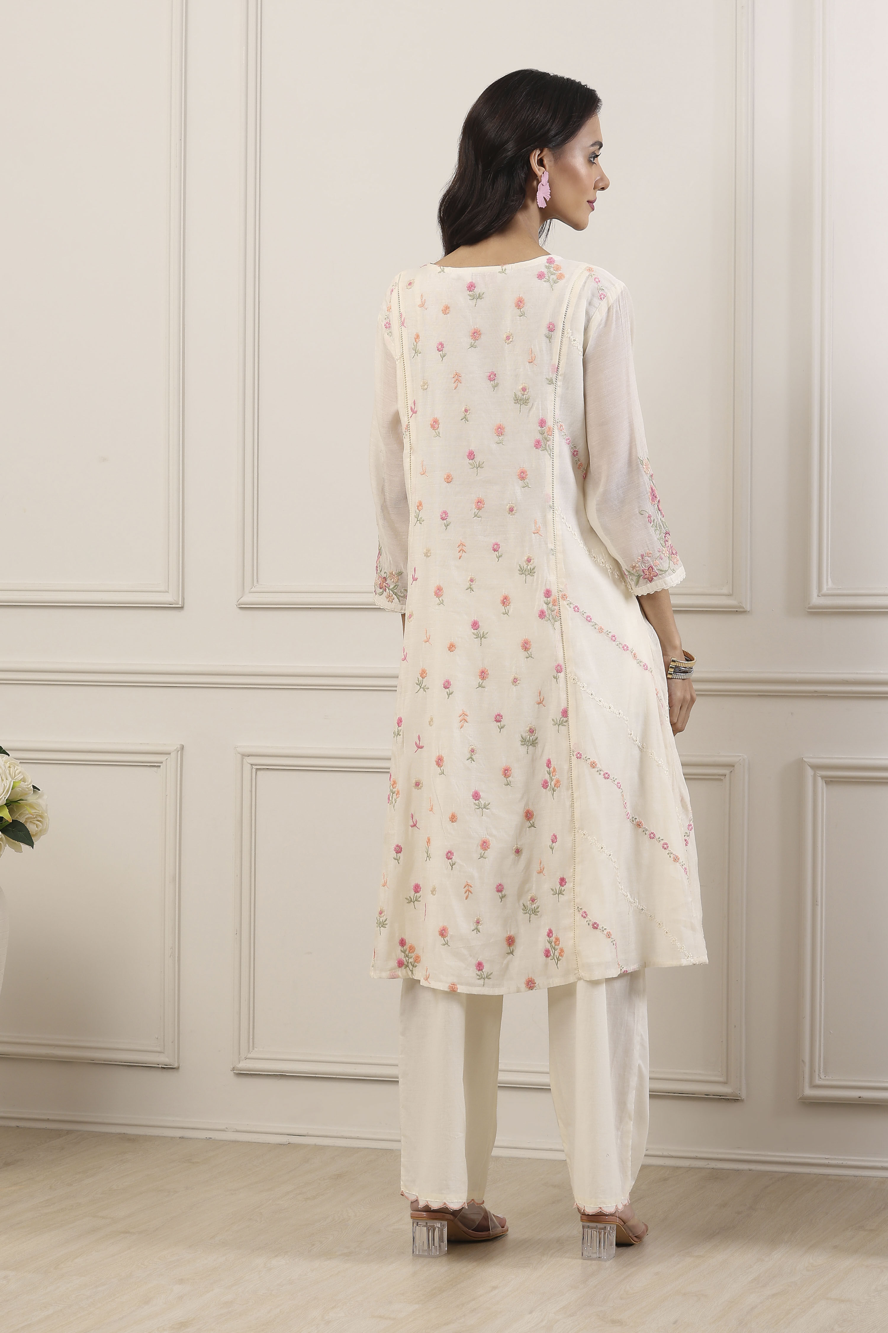 White Poly Chanderi Kalidar Suit Set image number 3