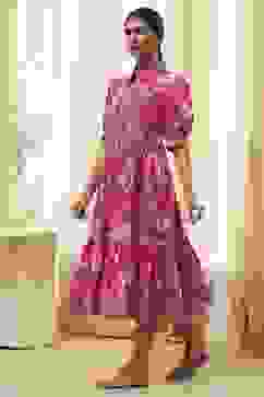 Pink Cotton Floral Printed Tiered Dress image number 2