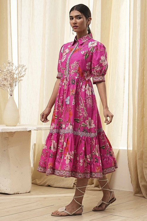 Pink Cotton Floral Printed Tiered Dress image number 2
