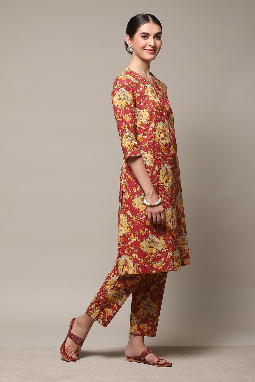 Mustard Cotton Straight Kurta Relaxed Pant Suit Set image number 5
