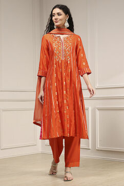 Orange Silk Straight Yarndyed Suit Set image number 6