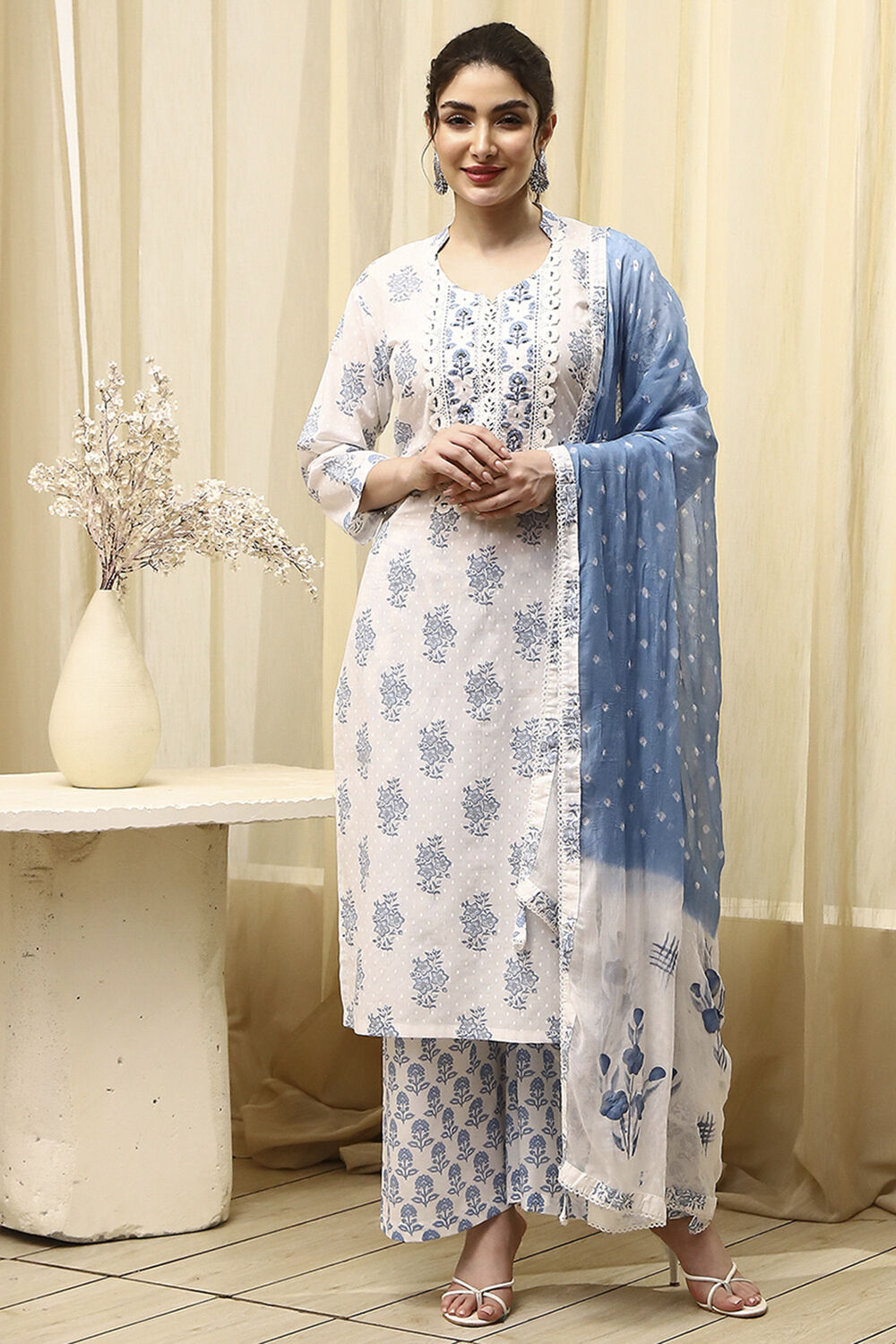 Blue Cotton Hand Embroidered Unstitched Suit Set image number 7
