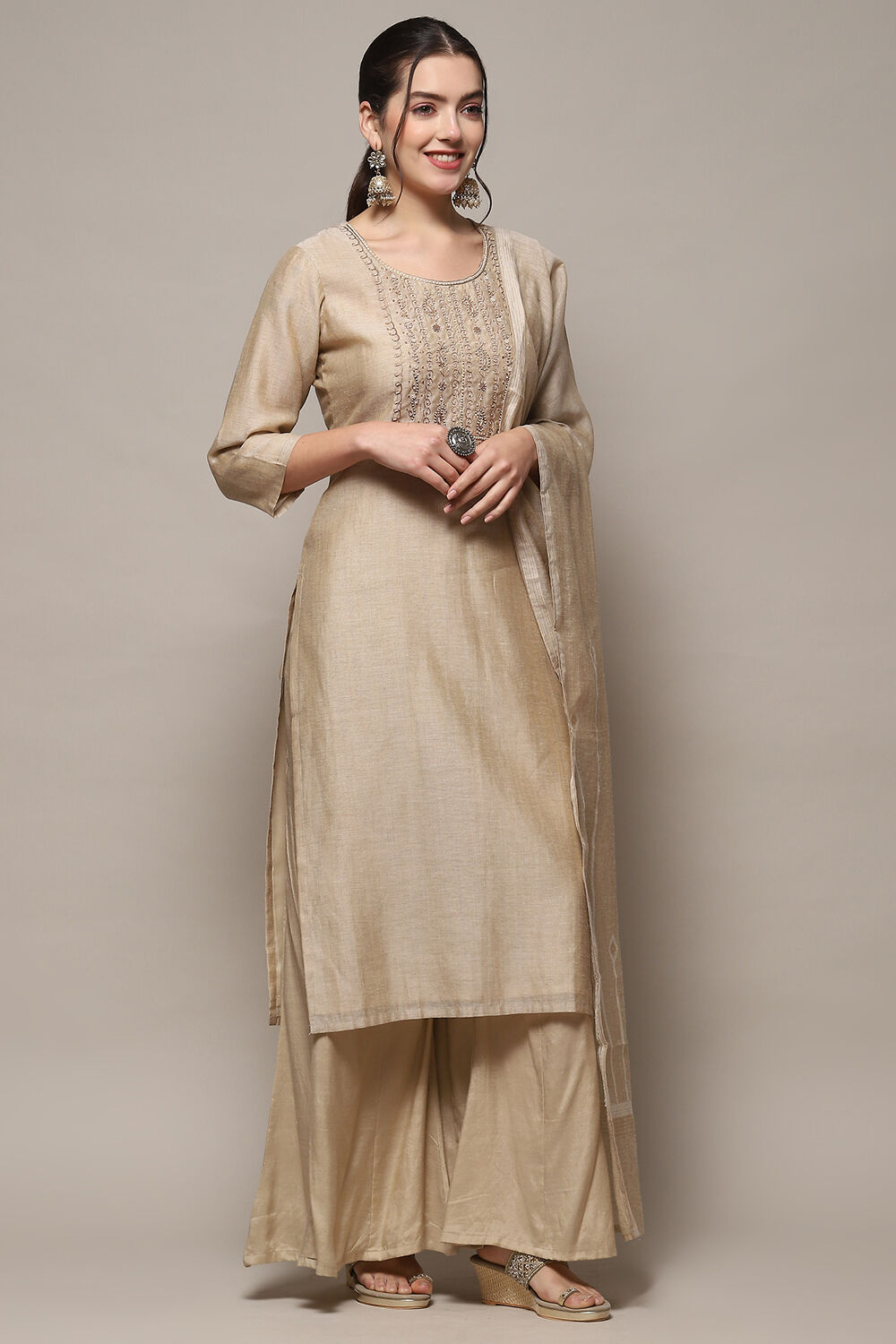 Off White Chanderi Blend Unstitched Suit set image number 7