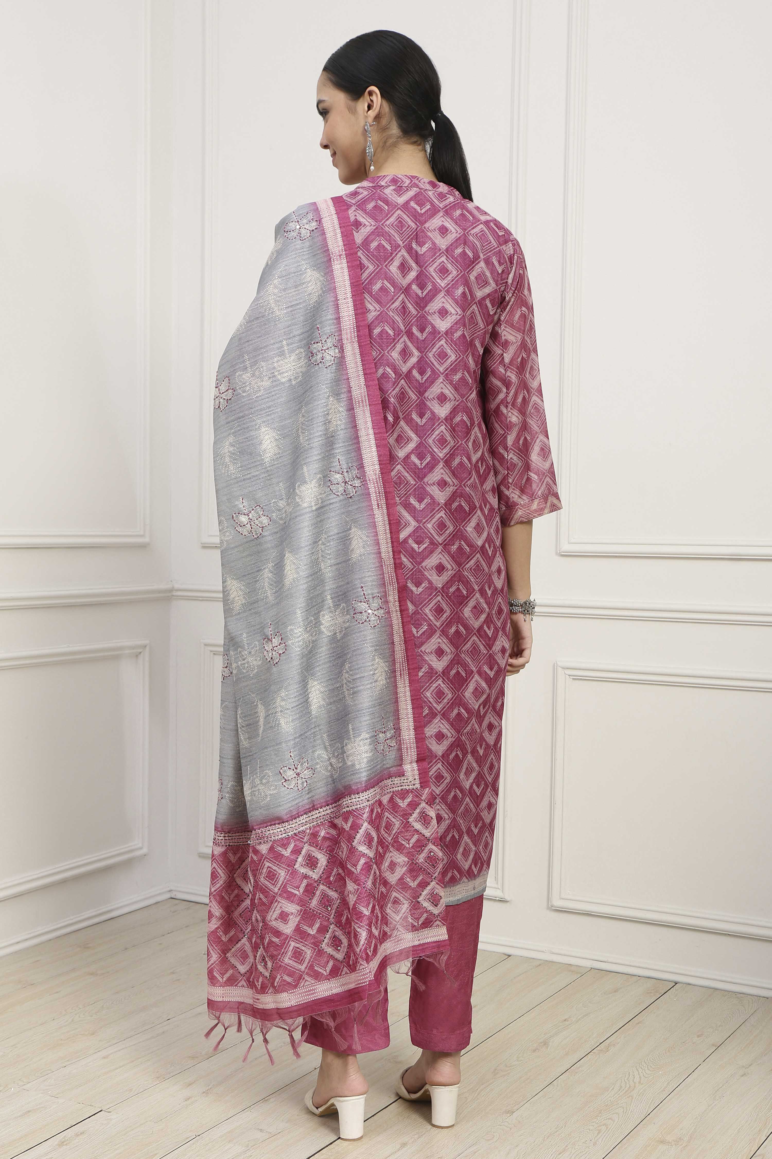 Pink Silk Blend Printed Unstitched Suit Set image number 5