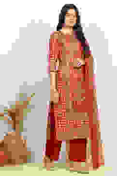 Red Cotton Digital Print Unstitched Suit Set image number 6