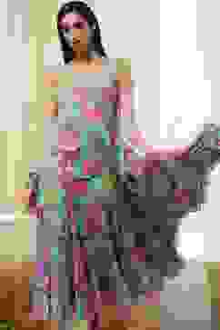 Turquoise Cotton Floral Printed Tiered Dress image number 8