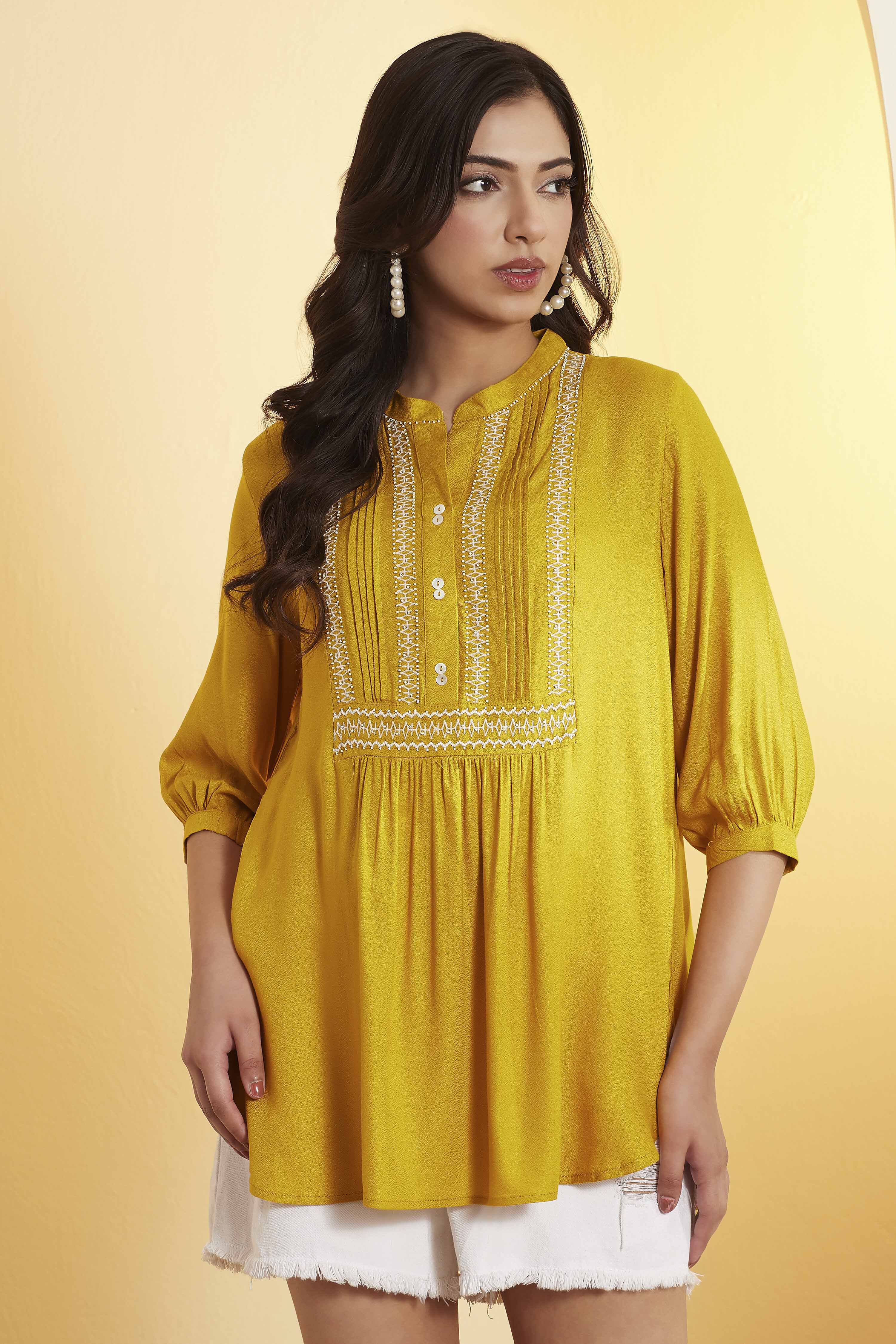 Mustard Embroidered Straight Kurti image number 5