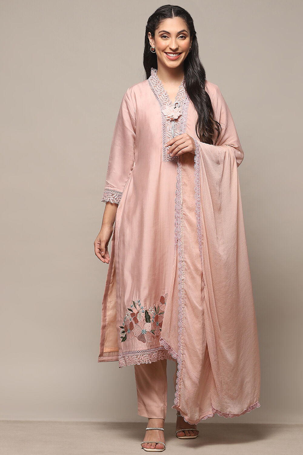 Pink Muslin Unstitched Suit Set image number 8