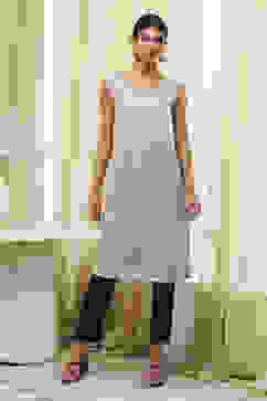 Grey Printed Pleated A-Line Kurta image number 5