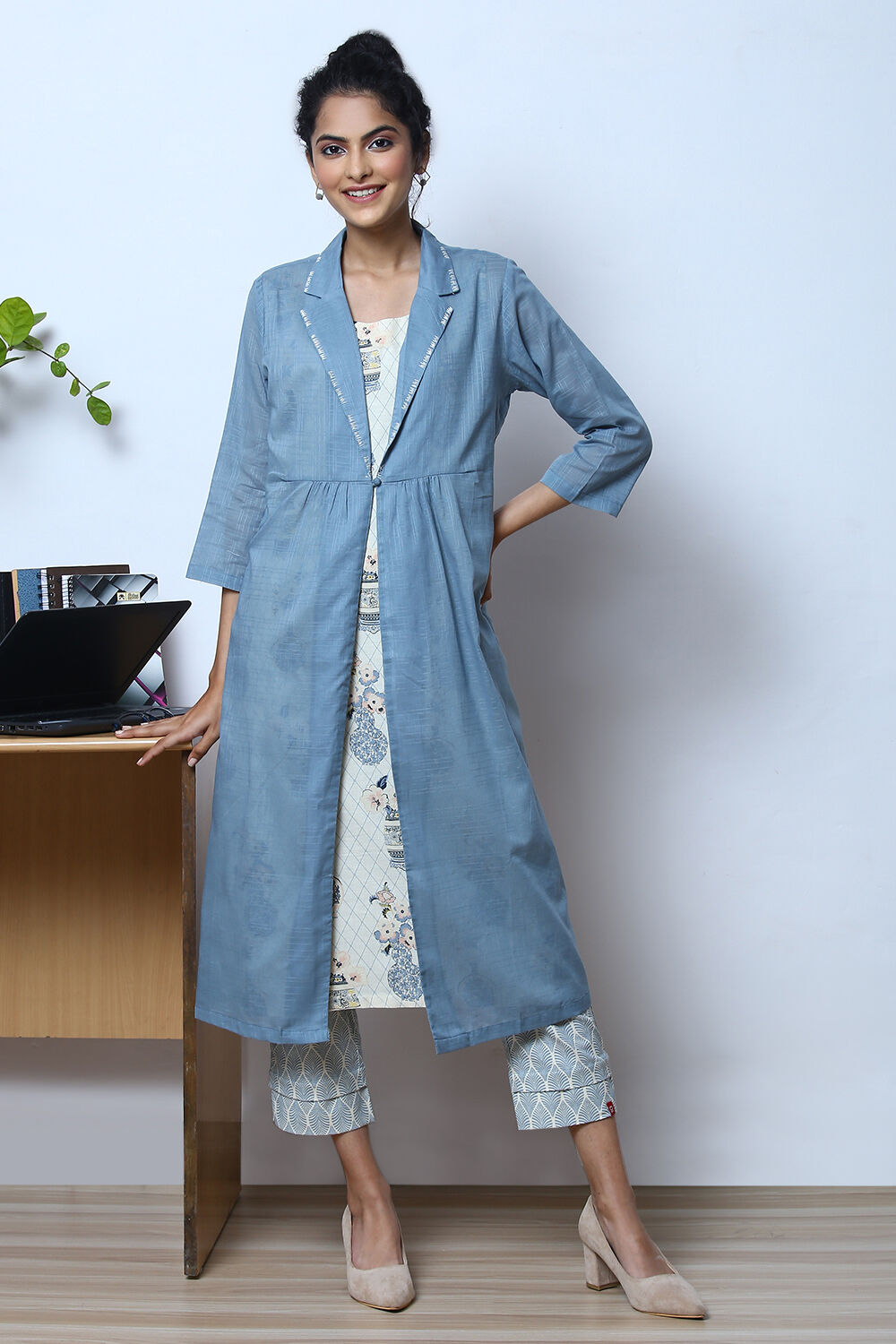 And Jeans Buy Long Shrugs Buy Blue Cotton Straight Printed Kurta