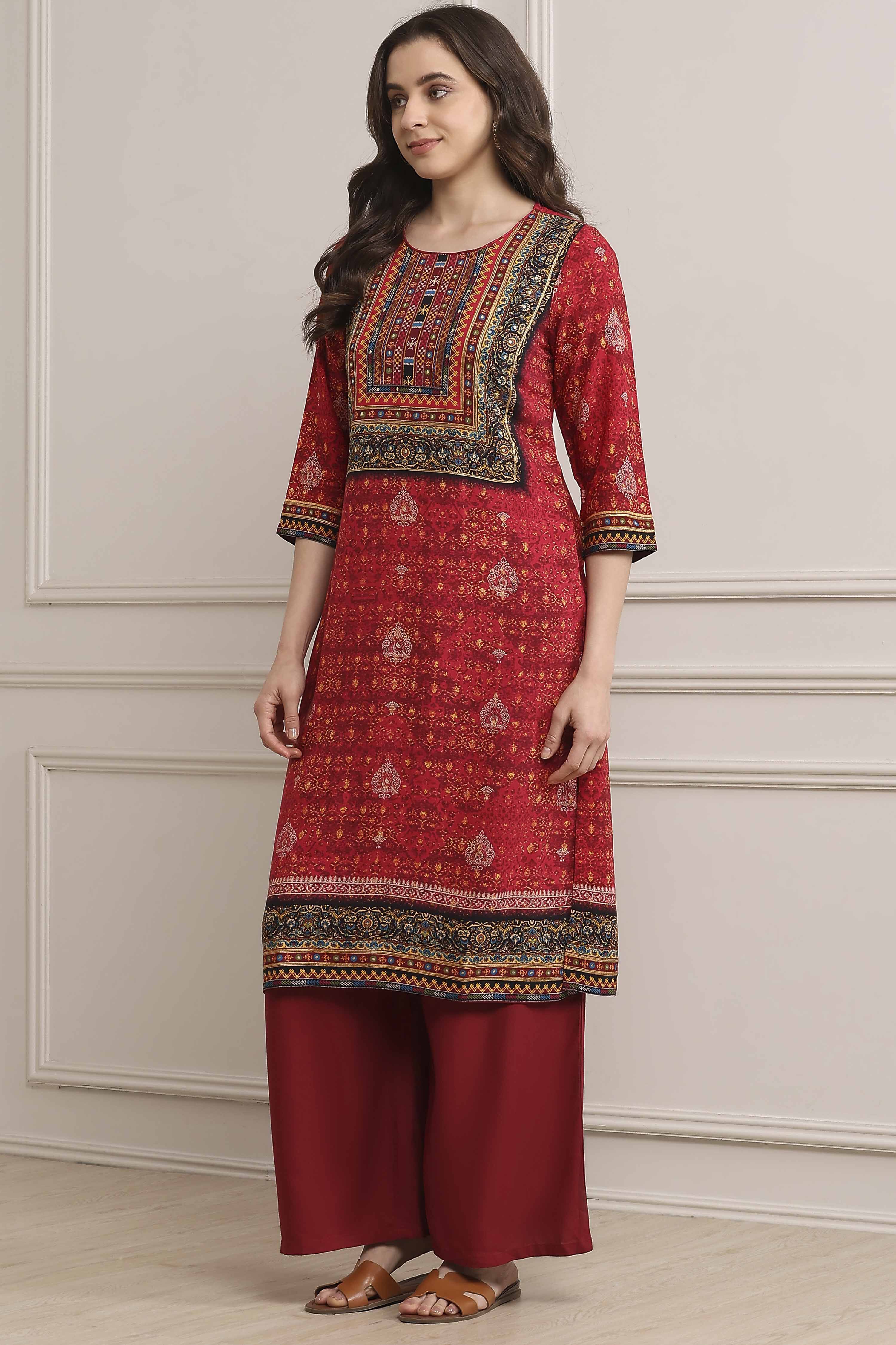 Red LIVA Straight Printed Kurta image number 2