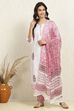 White and Pink Cotton Floral Hand Block Unstitched Suit Set image number 1