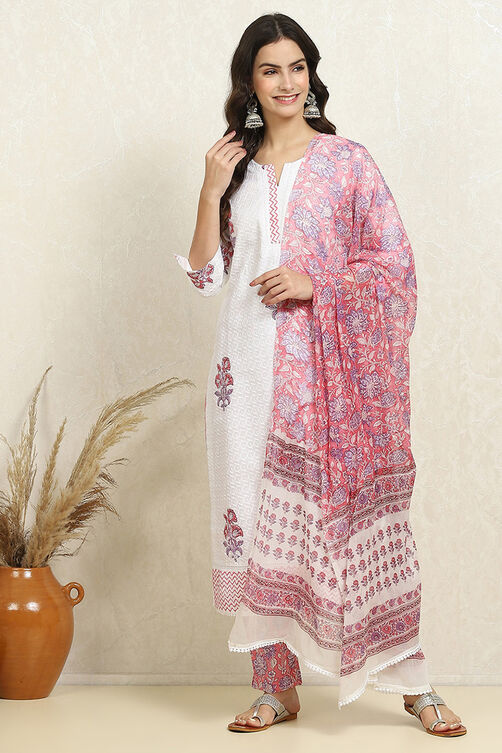 White and Pink Cotton Floral Hand Block Unstitched Suit Set image number 1