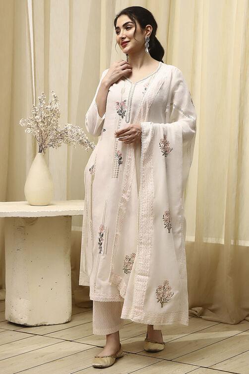White/Pink Cotton Machine Embroidered Unstitched Suit Set image number 1
